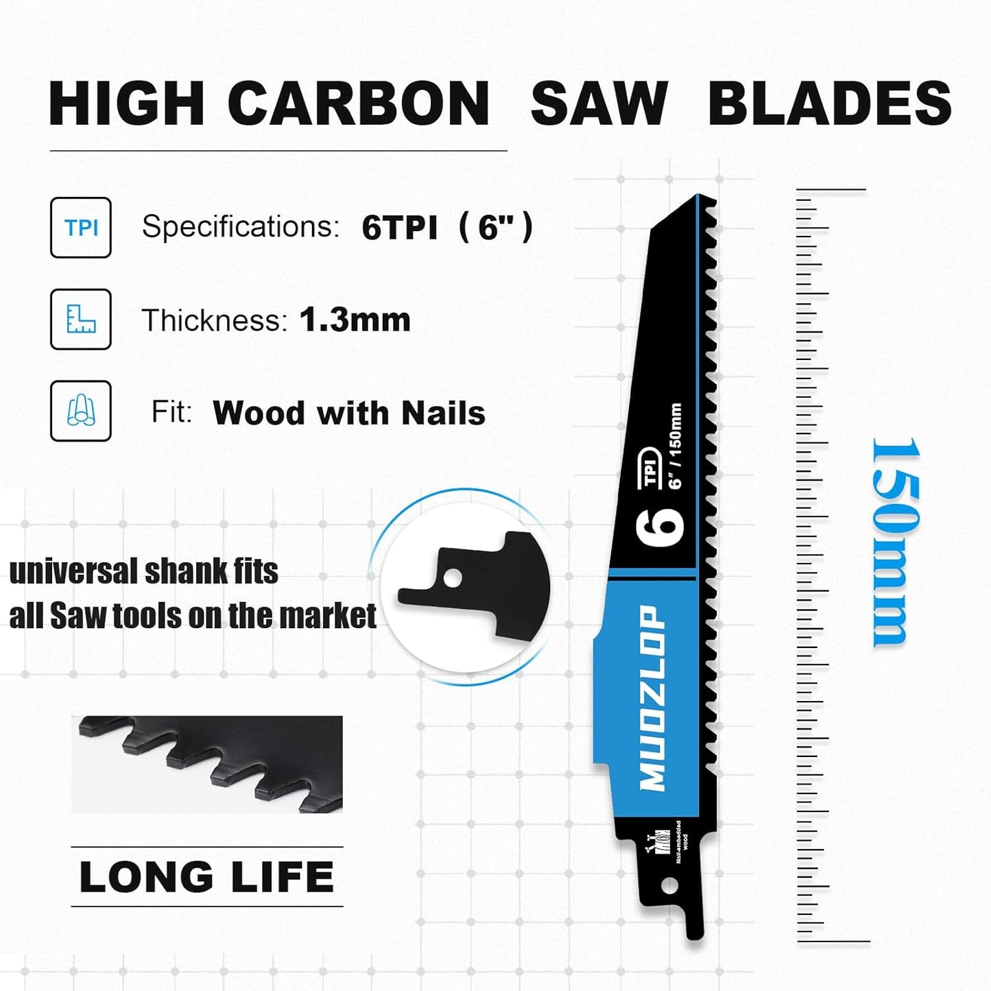 3 Pack 6 inch Reciprocating Saw Blades Set，6 TPI High Carbon Saw Blades for Wood with Nails，Saw Blades with Organizer Case (3, 6T/6inch)