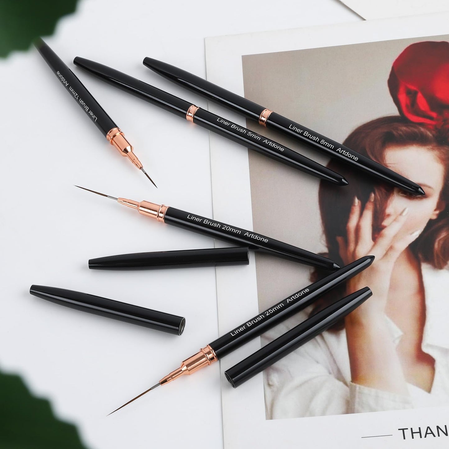 Artdone Metallic Nail Art Pens, Liner Brushes Set, 5PCS Black Color Nail Tools For Long Lines, Thin Details, Fine Drawing, Liner Brush UV Gel Polish Painting Nail Design Sizes 5/8/12/20/25mm