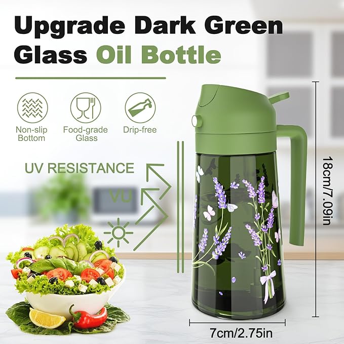 COOLMI Oil Sprayer for Cooking, 2 in 1 Olive Oil Dispenser Bottle Set for Kitchen, Food-Grade Glass Green Oil Vinegar Bottle Container - 16OZ/470ML Set of 2 (Black + Green)