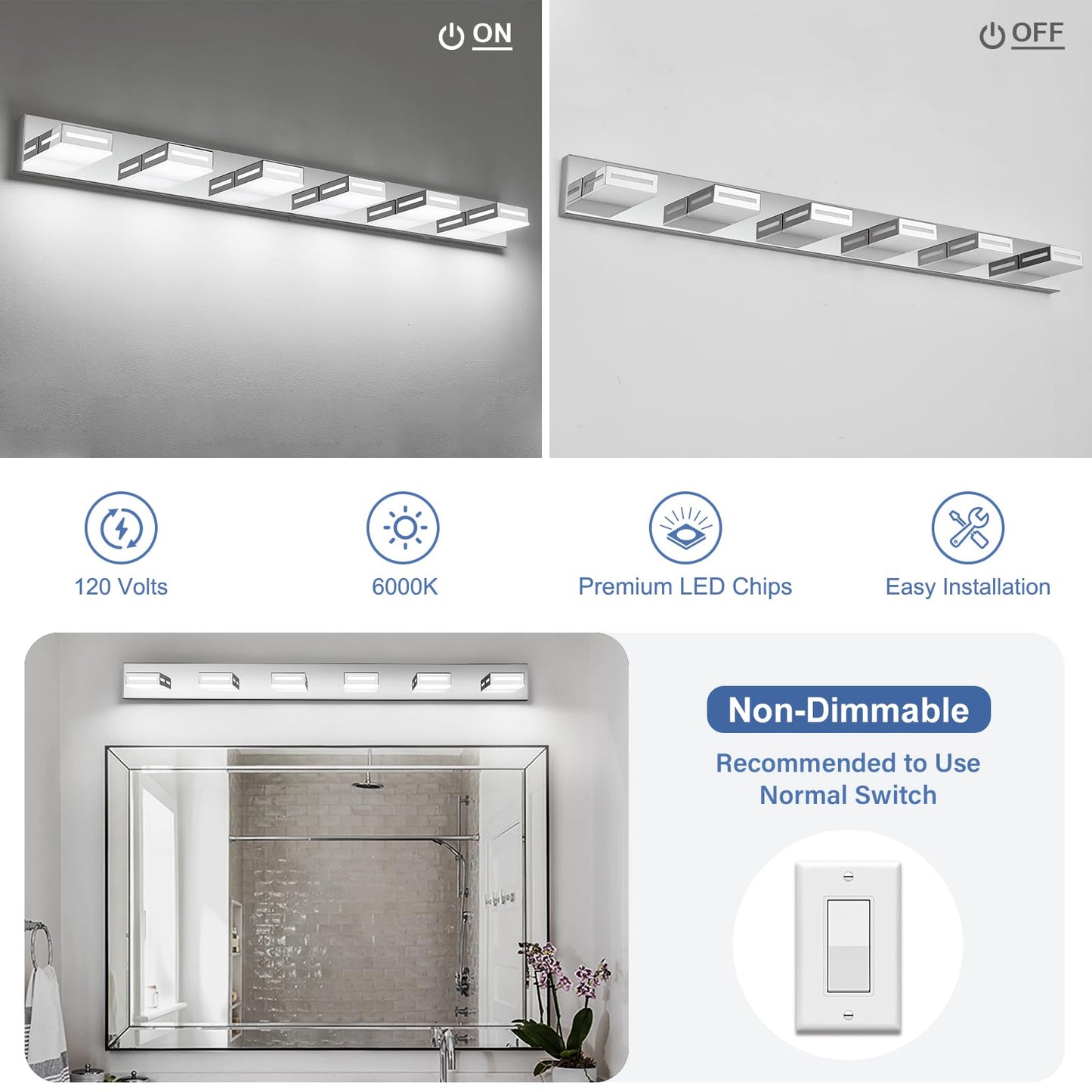 Donrao 48-Inch 6-Light Led Modern Chrome Bathroom Vanity Light Fixtures Over Mirror  Bathroom Lighting Fixtures With Cool White 6000K  Rotatable Vanity Wall Lights For Bath Restroom Powder Room