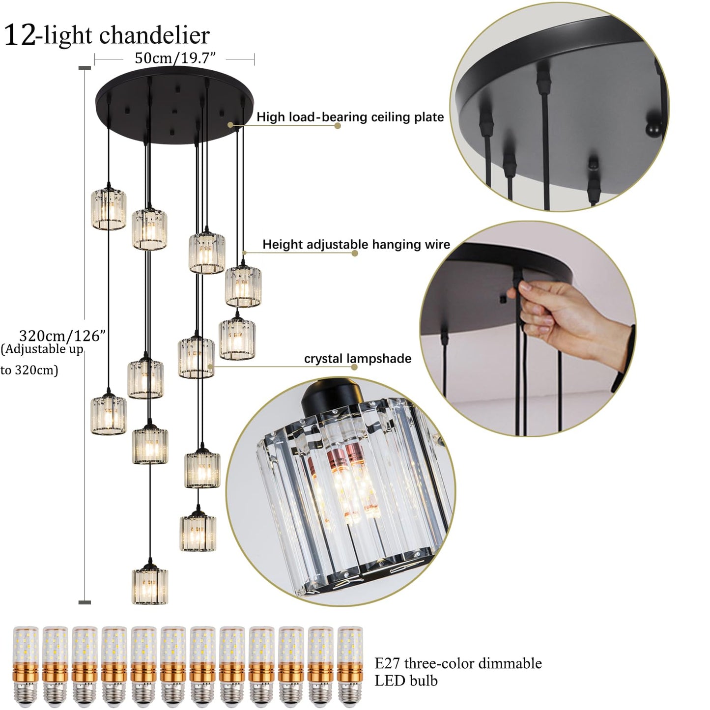 Meimond Long Chandeliers For High Ceilings Modern Crystal Pendant Light Raindrop Drop Lamp Hanging Flush Mount Lighting Fixtures For Spiral Staircase Foyer Entryway Living Room Black (12 Lights)