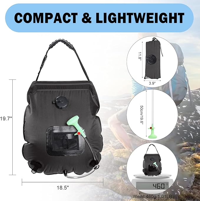 Solar Shower Bag | 5 Gal/20L Solar Heating Camping Shower Bag | Removable Hose | On-Off Switchable Shower Head | Ducha Portatil | Traveling Shower | Portable Shower for Beach Swimming, Hiking