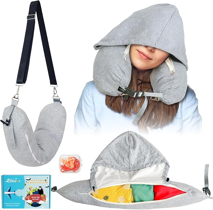 Stuffable Neck Pillow for Travel with Hood, Hoodie Travel Neck Pillow Stuffable with Clothes, Fillable Travel Pillow Storage Bag, Soft Empty Neck Pillow Case, Packable for Airplane Travel Essentials