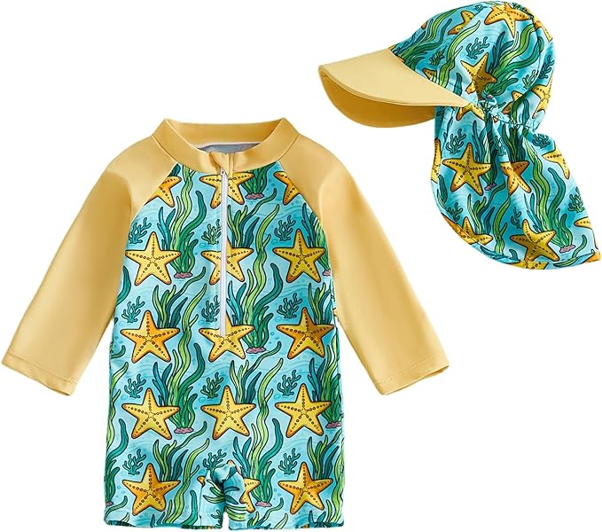 mlpeerw Toddler Baby Boy Swimsuit Long Sleeve Zipper Rash Guard Swimwear Infant Bathing Suit and Swim Cap Cute Beach Outfits