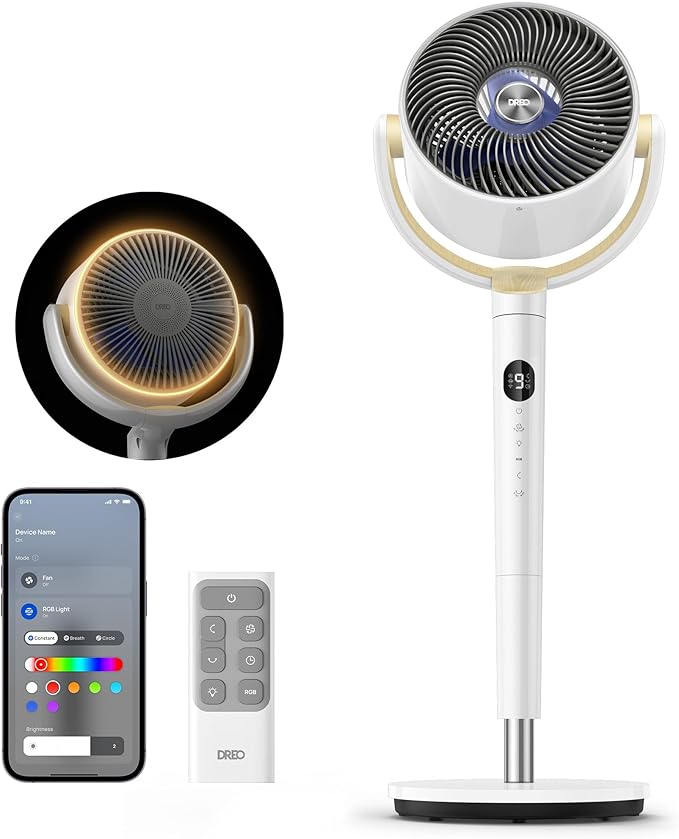 Dreo Smart Fan for Bedroom, 120° +120° Omni-Directional Oscillating Fans, 100ft Quiet Pedestal Fan with RGB Light, 9 Speed...