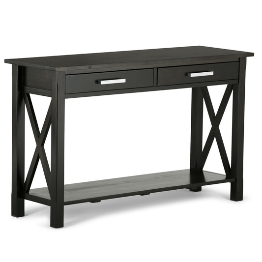SIMPLIHOME Kitchener Console Table - 47 Inch Wide Solid Wood Sofa Table in Hickory Brown, Contemporary Storage Table for Entryway or Living Room with 2 Drawers, Bottom Shelf, and X-Design Side Panels