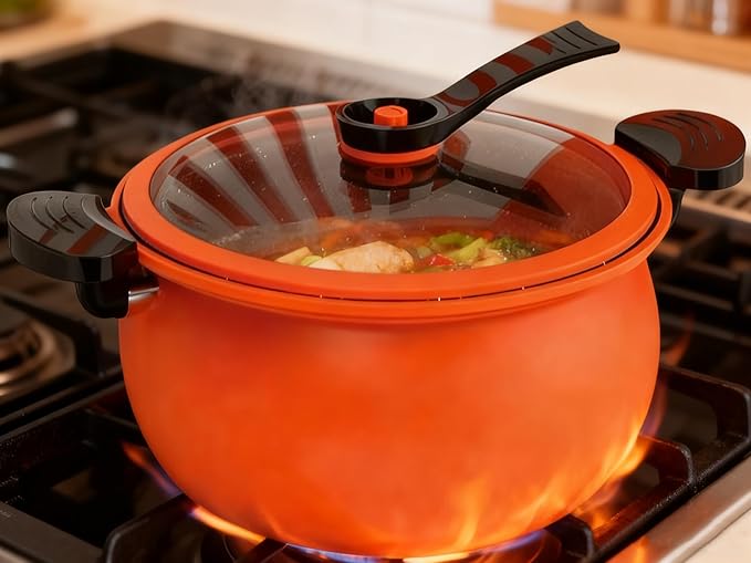 Micro Pressure Cooker, Multifunctional Large Capacity Non-stick Pressure Cooker, 8QT, Non-Stick Surface, Visual Glass Lid, Safety Valve, for All Stovetops (Orange)