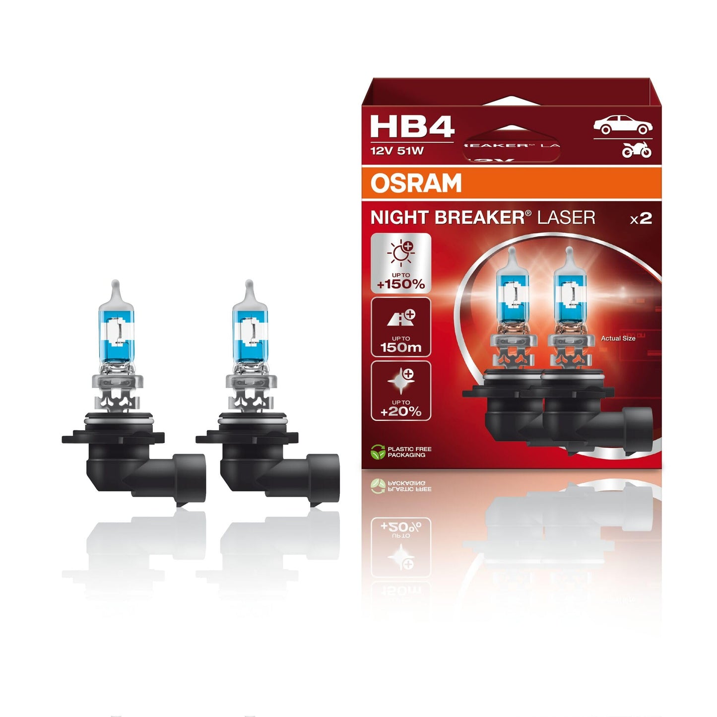 OSRAM Night Breaker Laser HB4/9006 Halogen Headlamp, 150% Brighter, 12V, Duo Box (2 Lamps), Model 9006NL