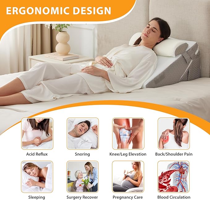 3PCS Orthopedic Bed Wedge Pillow Set for Sleeping, Wedge Pillow for Back Pain Relief, 10-in-1 Adjustable Bed Wedge Pillow Post Surgery, Triangle Pillow for Acid Reflux Snoring Gerd, White/Grey