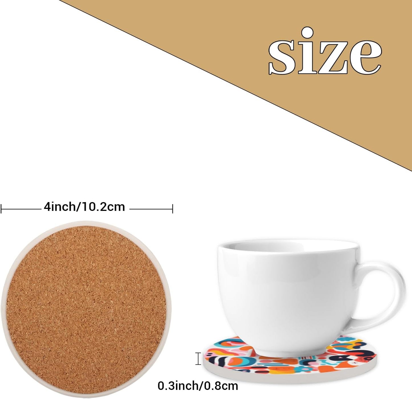 Ceramic Coasters for Drinks with Cork Back, Colorful Abstract Shapes 4 Inch Absorbent Coaster Set 2 Pack, Quick Dry Non-Slip Coaster Mats for Home, Office, Bar