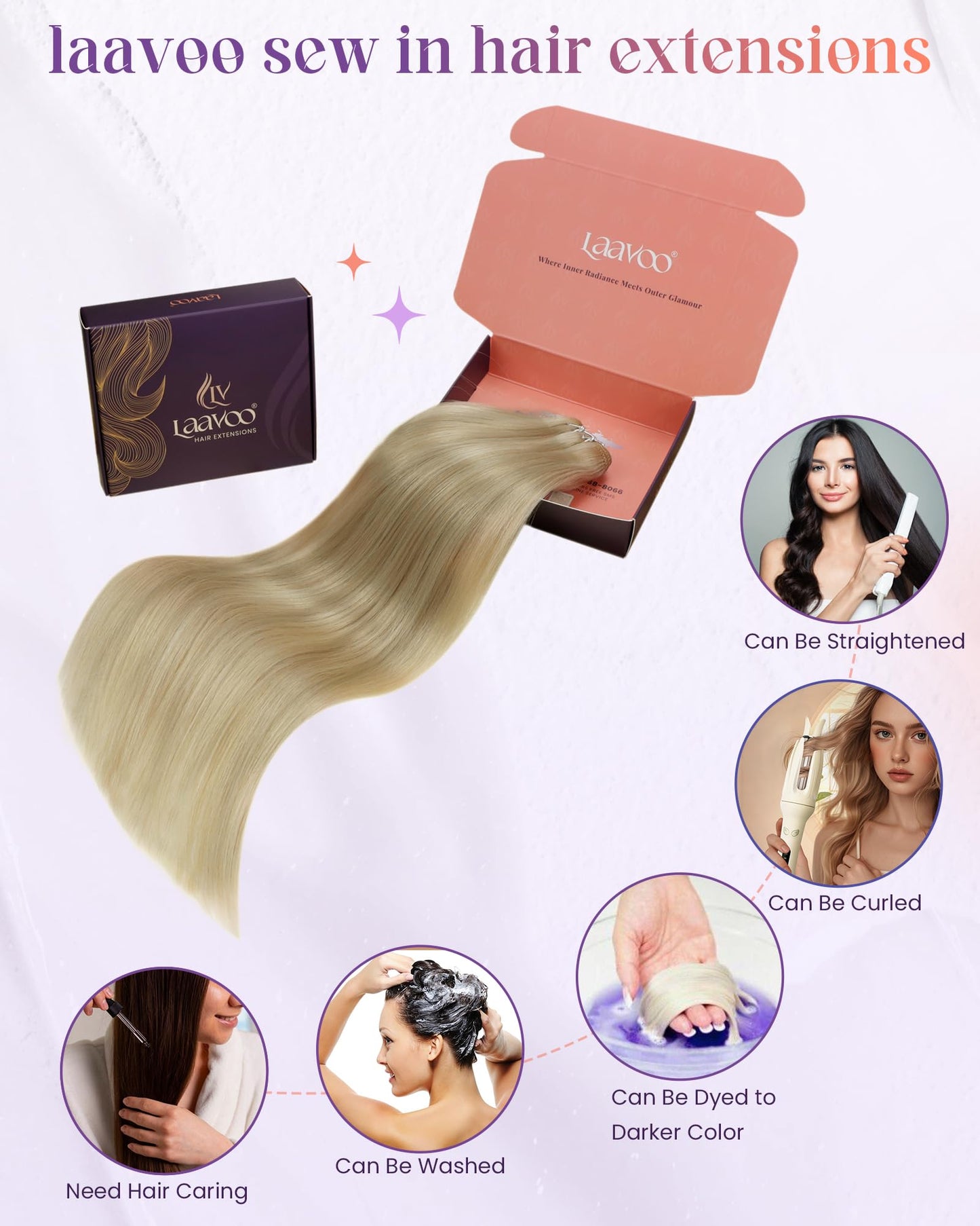 LaaVoo Sew in Hair Extensions Real Human Hair Short Weft Hair Extensions Sew in Blonde Human Hair Weft Extensions Gloden Brown H