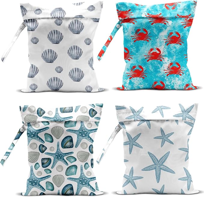 4Pcs Waterproof Wet Bag for Swimsuit, Travel Beach Wet Dry Bag, Hidden Zipper Reusable Shell Starfish Crab Decor, for Travel Beach Wet Swimsuits Toiletries Diapers Laundry Bag