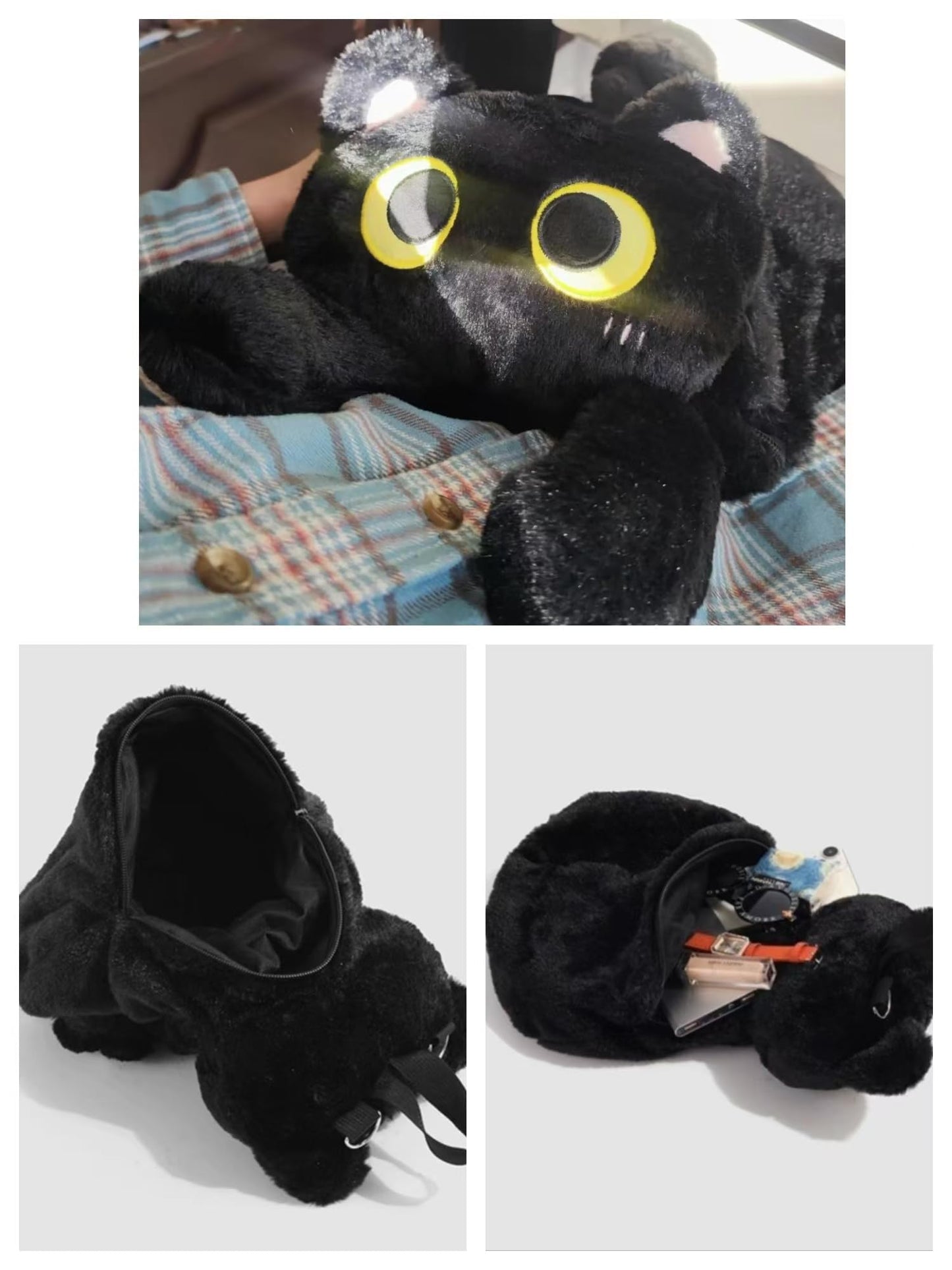 Osmanthus bloom Plush Backpack,Cat Bag,Stuffed Animal Backpack,Cute Cartoon backpack,Plush Bag (A-Black Cat)