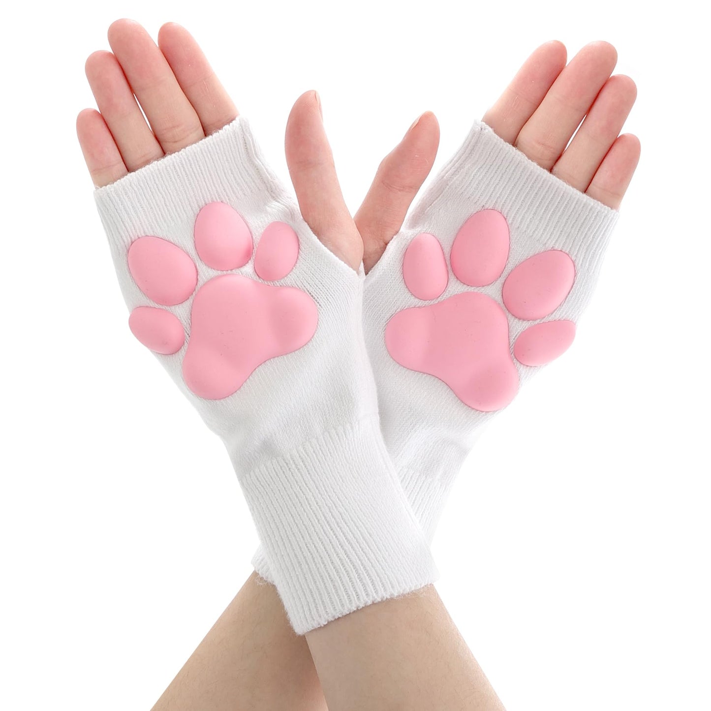Nydotd Cat Paw Pad Mittens Gloves Kawaii Pink 3D Claw Fingerless Cute Cat Cosplay Gloves Sleeve for Girls Party (White, Short)