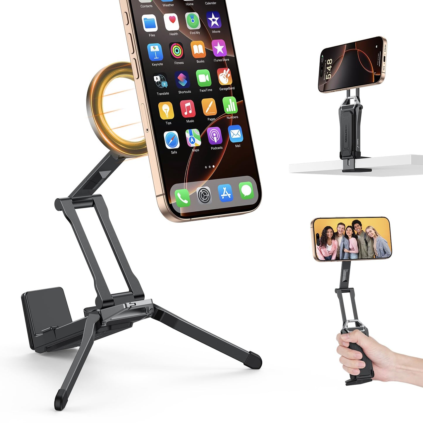 Omoton 360Rotating For Magsafe Tripod Mount, Adjustable Aluminum Magnetic Phone Tripod For Iphone 17/16/15/14 Pro Max Air, Folda