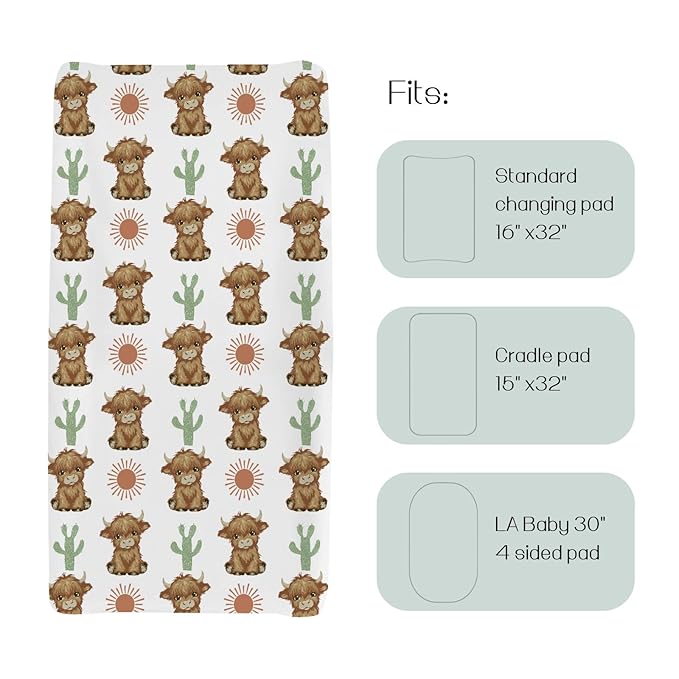 HawSkgFub Highland Cow Boho Cactus Sun Changing Pad Cover for Baby Girls Boys, Western Hyland Cattle Diaper Change Table Covers, Soft Stretchy Safe Snug Fitted Changing Mat Sheets Fit 32"/34" x 16"