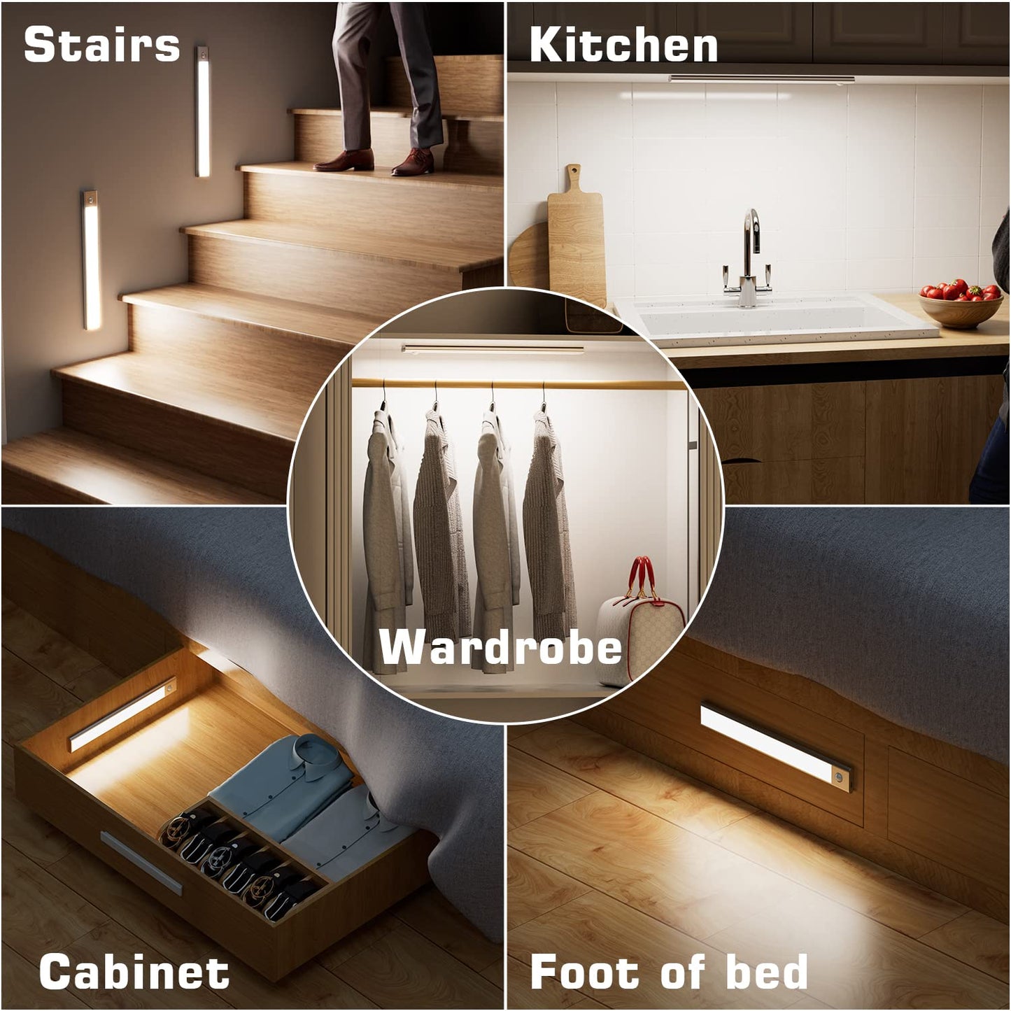 GRILIG 2000mAh LED Motion Sensor Lights - Magnetic Under Cabinet Strip Lights, White, Model SVR-H4114-PIR30, 2 Pack