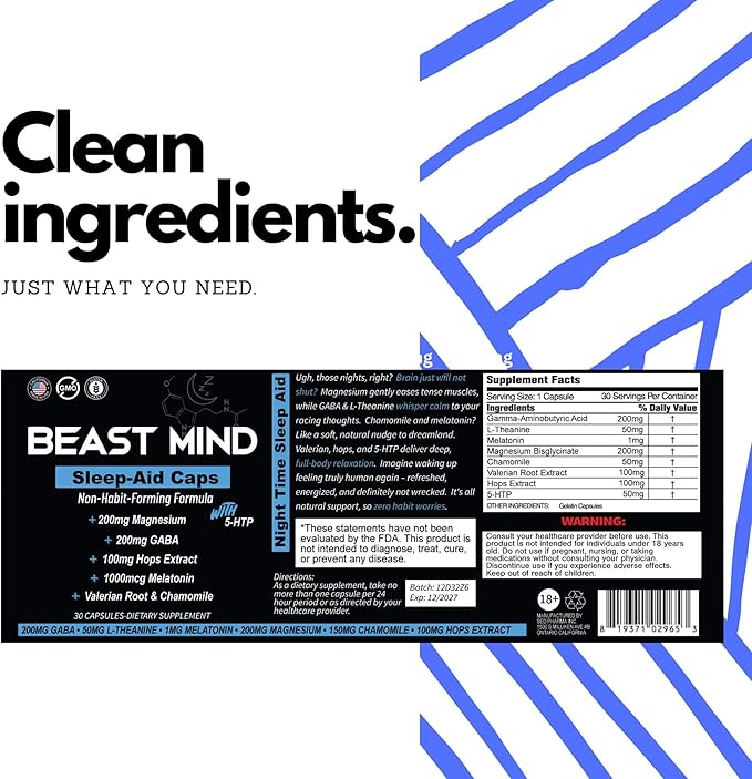 Non-Habit Forming Sleep Aid: Wake Up Refreshed - Powerful Formula with Melatonin, GABA, Valerian Root, Chamomile, Magnesium for Restful & Deep Sleep - 30 Capsules