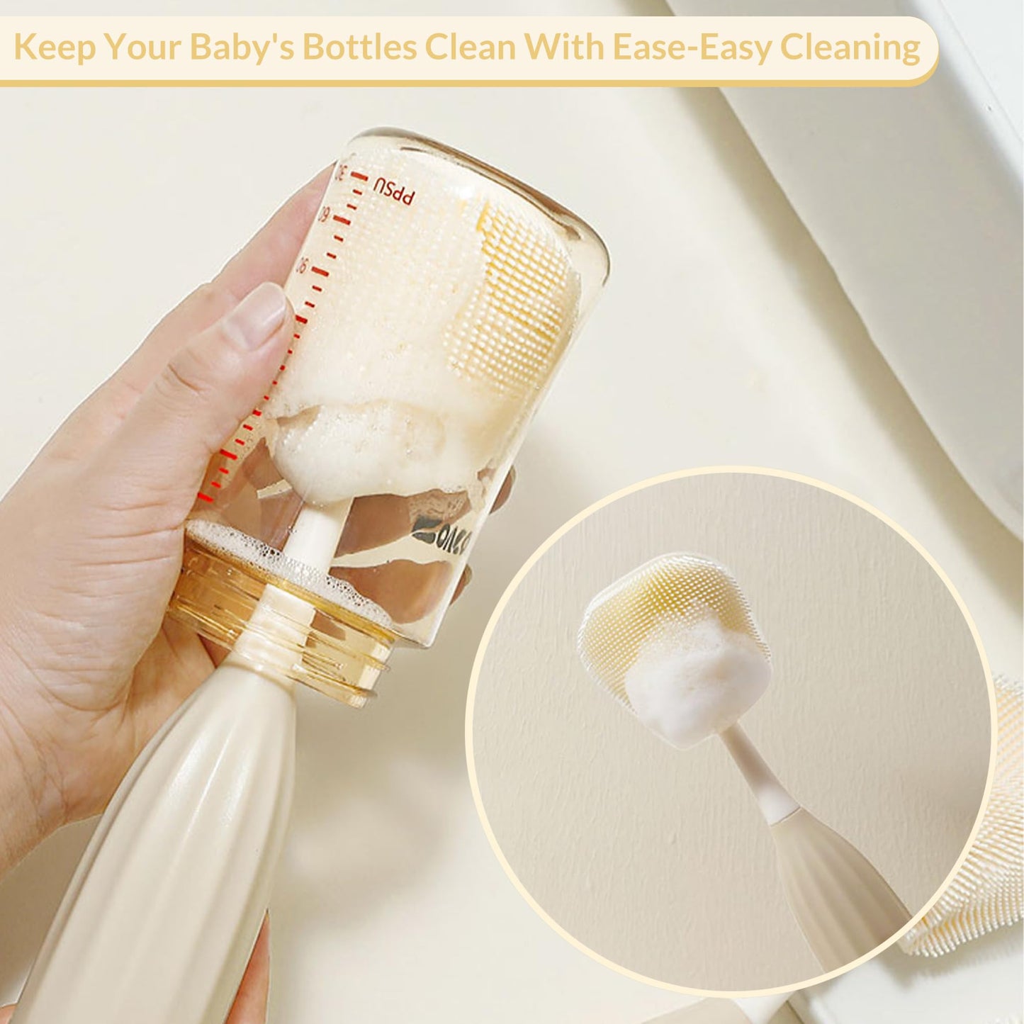 biqin Baby Bottle Brush Kit with Push-Press Bubble and Drying Rack for Bottle Cleaning, Bendable Bottle Cleaner Brush for Baby Bottles, Breast Pumps, Nipples, Straws and More. Perfect for Home&Travel