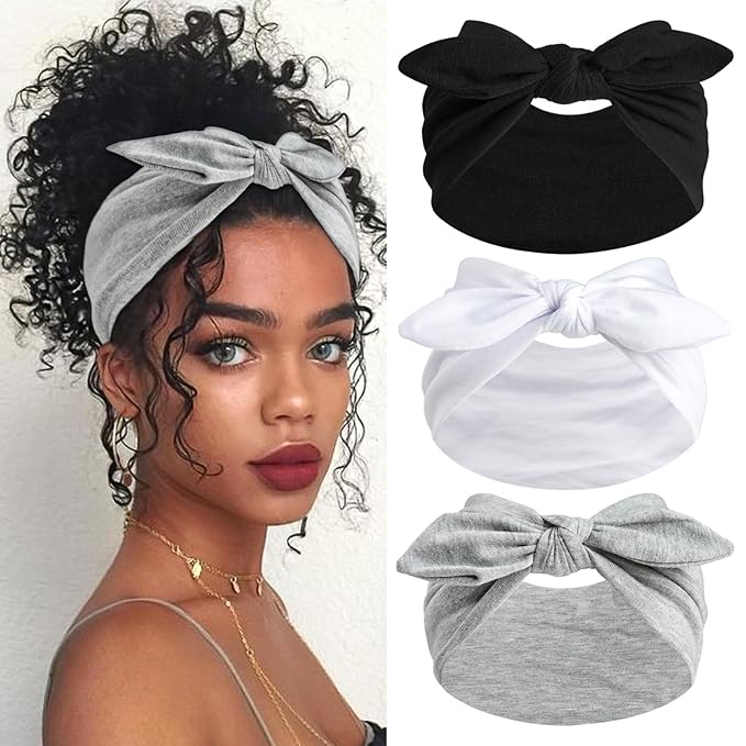 SAWINDA 3Pack Black Bow Headbands for Women Boho Wide Head Bands for Women's Hair Valentines Non Slip Elastic Hair Bands S...