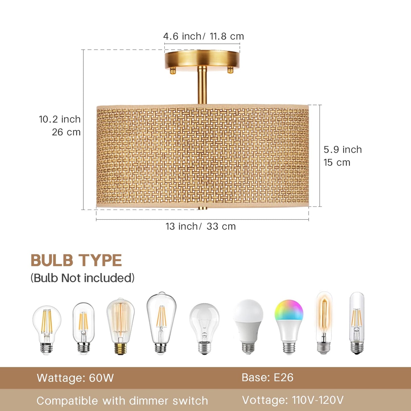 Clarsyne 13 Woven Rattan Boho Ceiling Light Fixture  3-Light Modern Semi Flush Mount Lamp With Drum Fabric Shade  Rustic Brown Lighting For Bedroom  Dining Room  Living Room  Hallway  Entryway