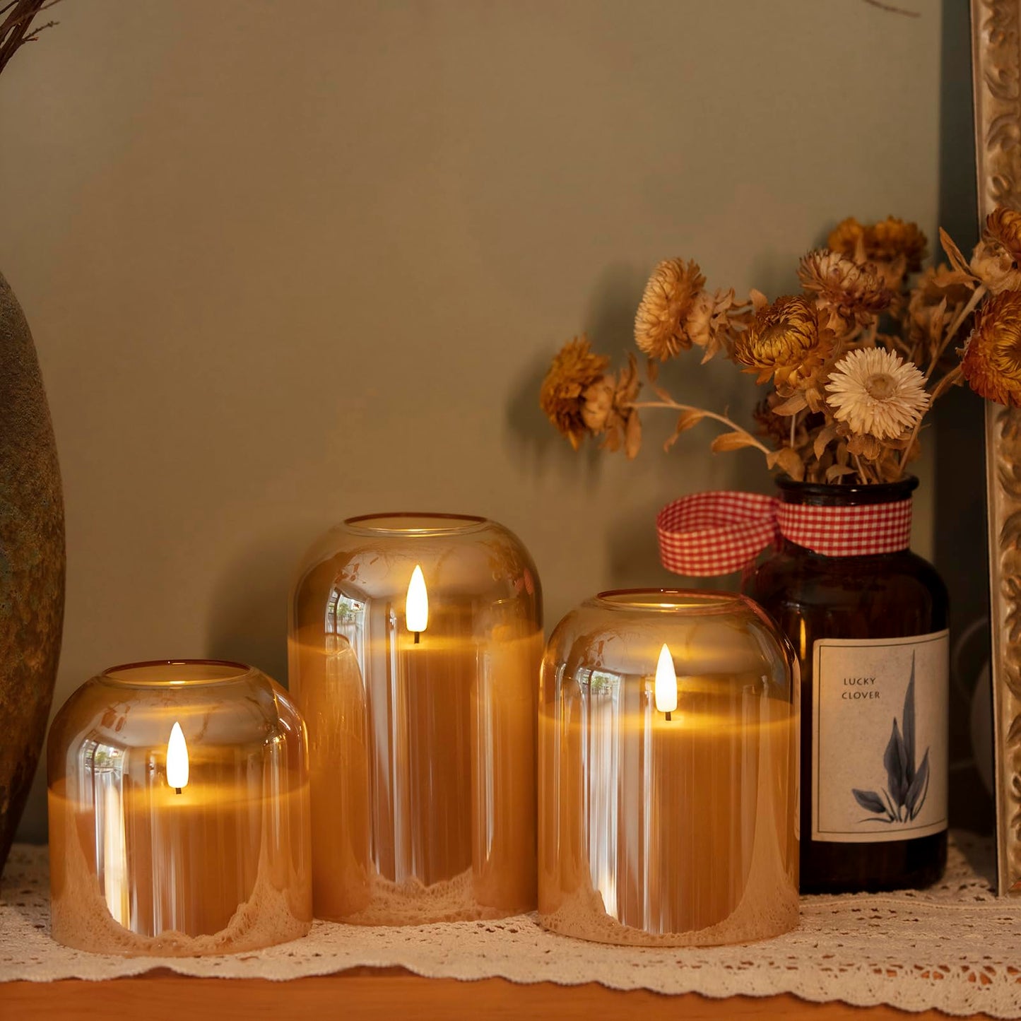 volnyus Gold Glass Flameless Candles with Remote Battery Operated Flickering LED Pillar Candles Real Wax 3D Wick Φ 4" H 4" 5" 6"