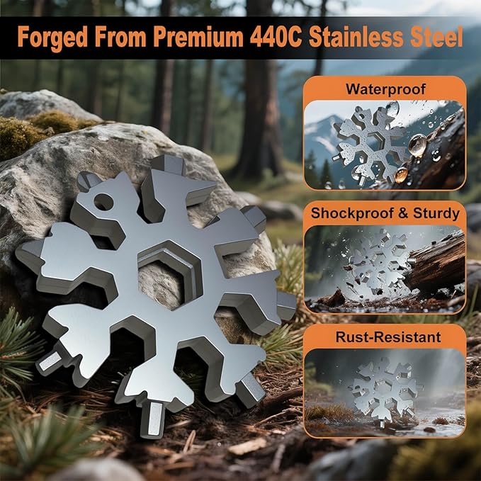 Snowflake Multi Tool 2 Pack - Stainless Steel 18 in 1 Multitool with Carabiner,Bottle Opener & Wrench,Stocking Stuffers for Men,White Elephant Gifts, Christmas Gifts for Him(Silver + Black)