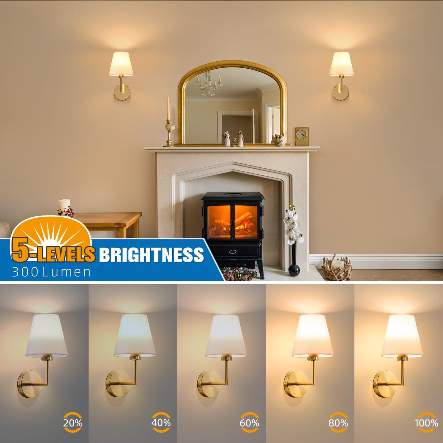 NIORSUN Wall Sconce Set of 2, 13.8 inch Gold Battery Operated Lights, Dimmable Detachable Bulbs, Remote, Model SW022