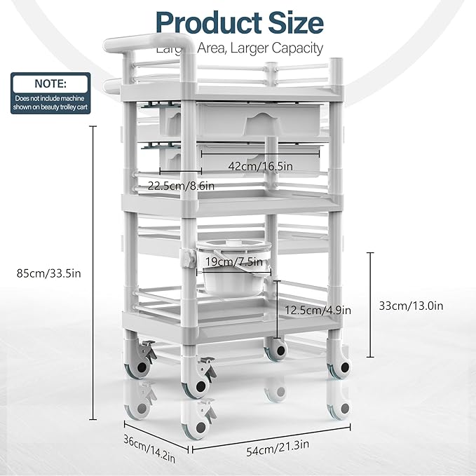 Beauty Salon Trolley Cart, Esthetician Cart with Wheels & Bucket and 1 Big Drawer, 3 Tier Heavy Duty SPA, Load 330lbs, 360° Rotate Silent Wheels for Beauty Salon SPA Hospital Office Lab