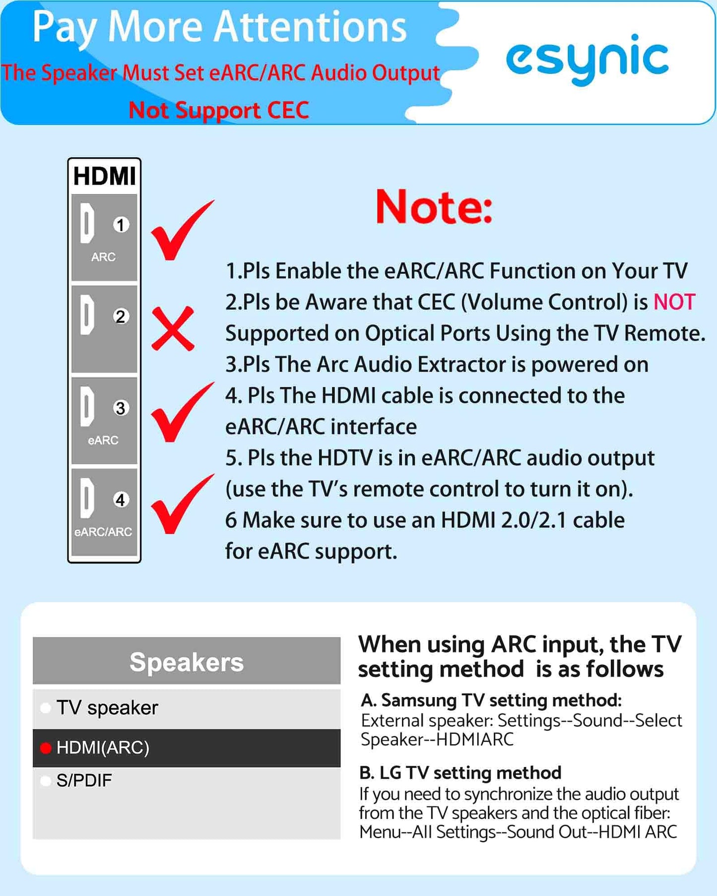 eSynic Professional eARC Audio Extractor-Only Work for HDTV ARC/eARC Ports-192KHZ ARC to Optical Audio Adapter-Easy to Setup-7ft Long-Dolby5.1 & DTS 5.1 Formats-from HDTV to Optical Soundbar-No CEC