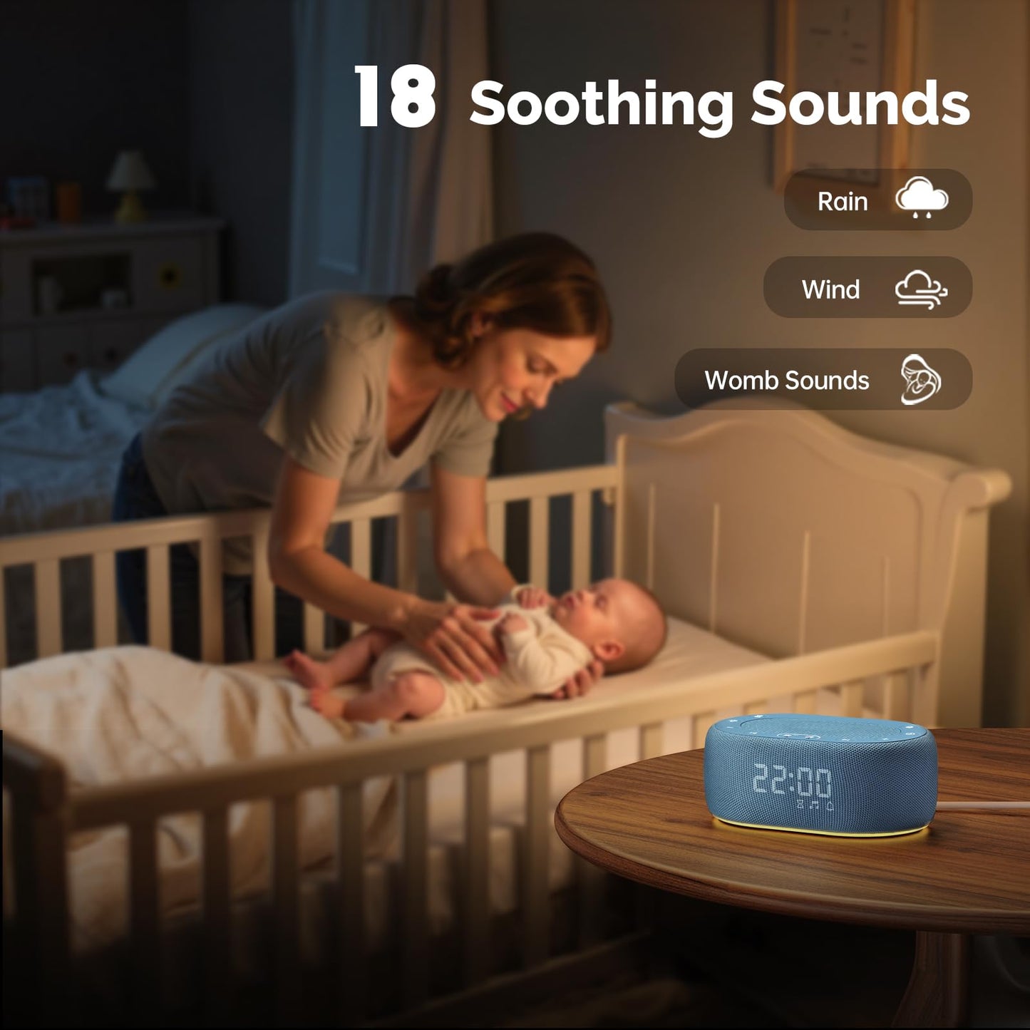 1Mii White Noise Sound Machine for Sleep, Pink Noise Machines for Baby Adults Sleeping, 18 Soothing Sounds with 7-Color Night Light, Timer, Alarm Clock, 16 Volume Levels, Easy App Control - Blue