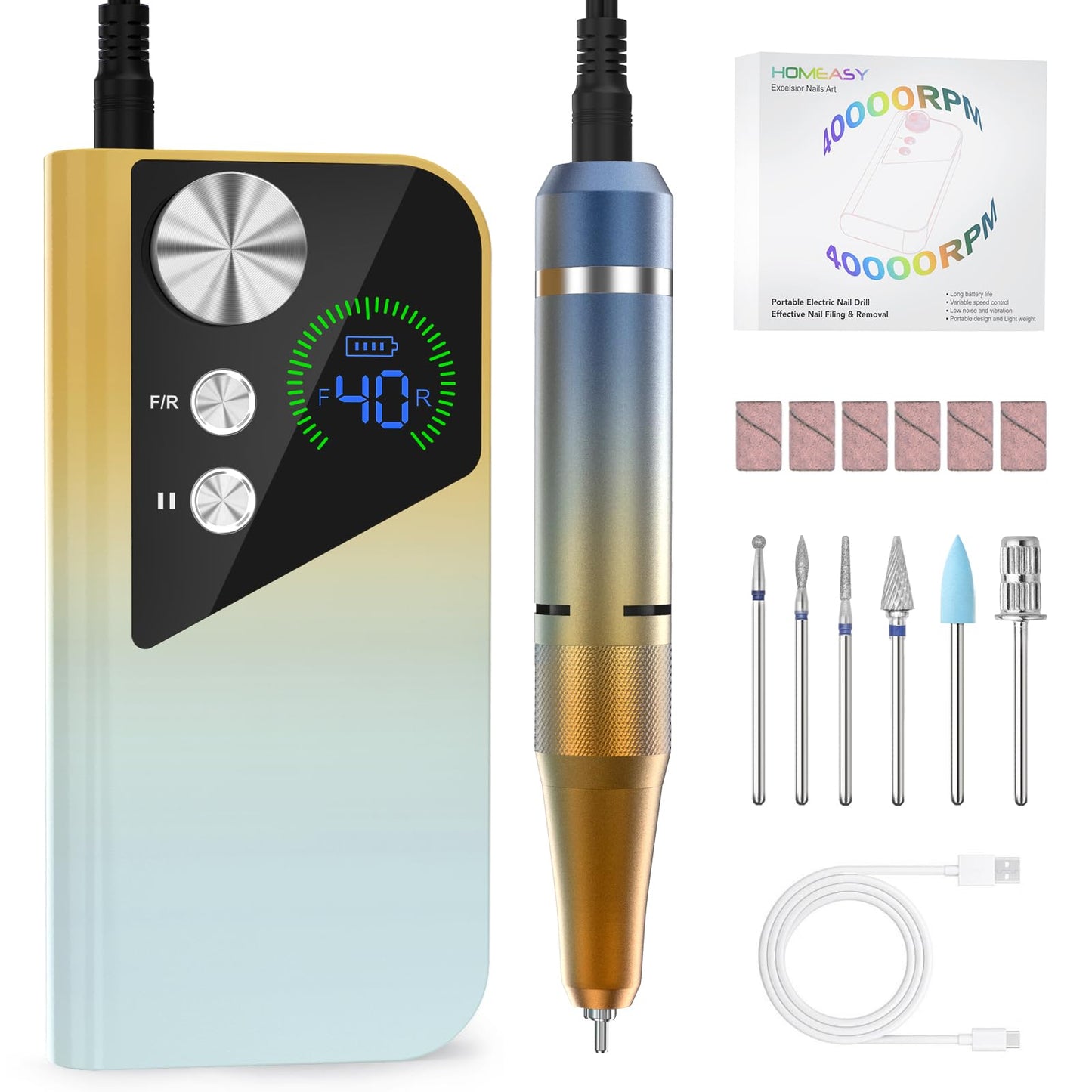 HOMEASY Nail Drill 40000RPM - Rechargeable Nail File with Bits, Professional E-Filer for Acrylic Nails, Gel Polishing, Manicure