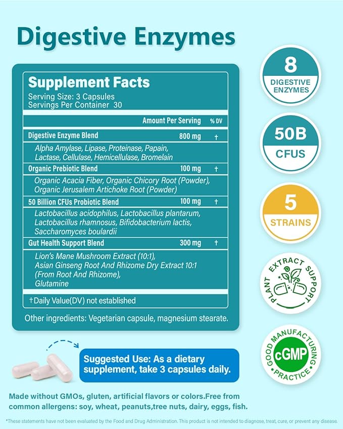 Digestive Enzymes with Probiotics Prebiotics for Women Men - Multi Enzyme for Bloating Relief, Gas, Constipation, Digestive & Gut Health, Vegan & Non-GMO | 90 Capsules