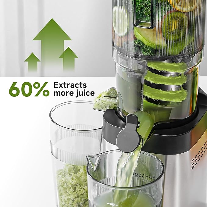 Cold press Juicer Machines with 5.4" Extra Self-Feeding for Whole Vegetable & Fruit, Juice Extractor with Large Auger & Triple Strainers, Easy to Clean, High Juice Yield, Stainless Steel Silver