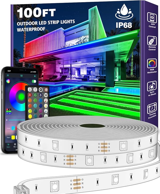 AILBTON 100ft Outdoor LED Strip Lights Waterproof,IP68 Outside Led Light Strips Waterproof with Bluetooth App Remote Contr...