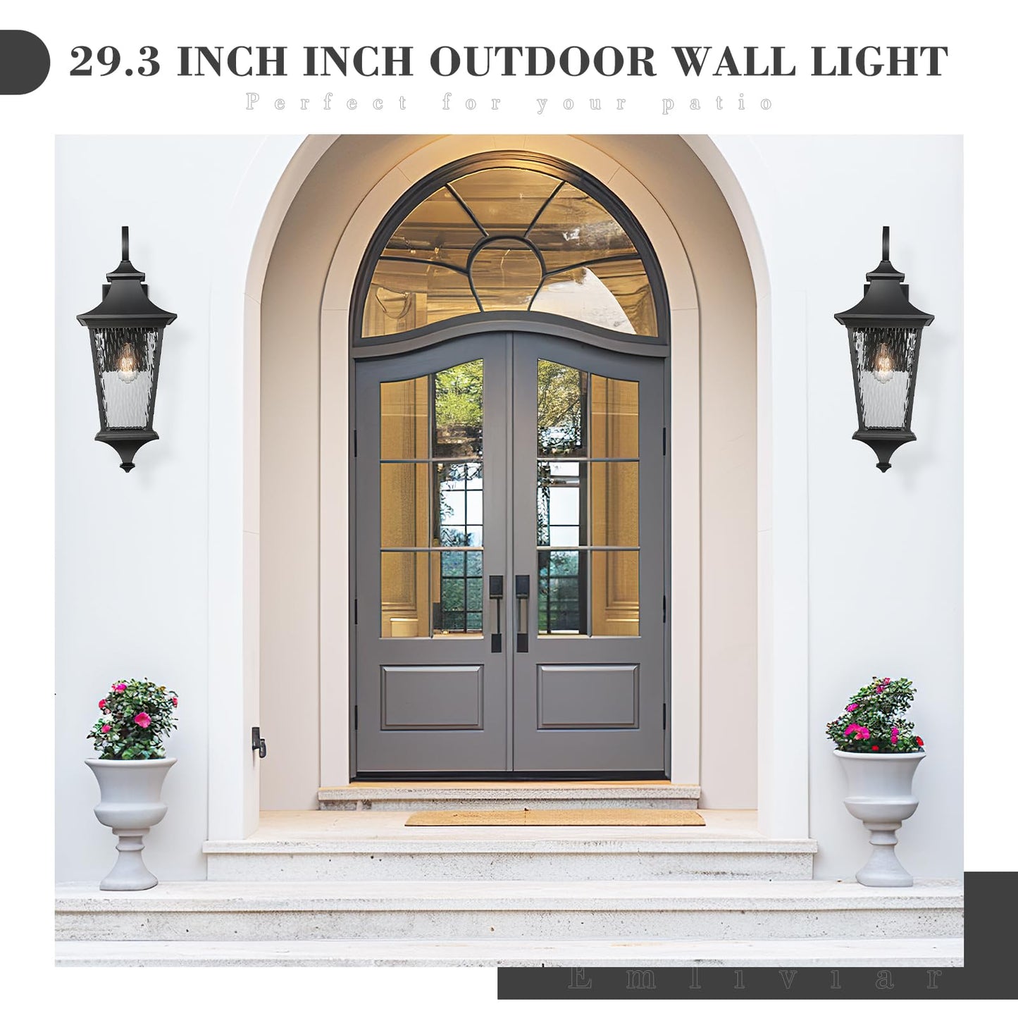 Emliviar 29.3 Waterproof Wall Sconce Light Fixture, Black Finish, Water Ripple Glass Shade, Large Size, Model Xe292Bl-Sw Bk