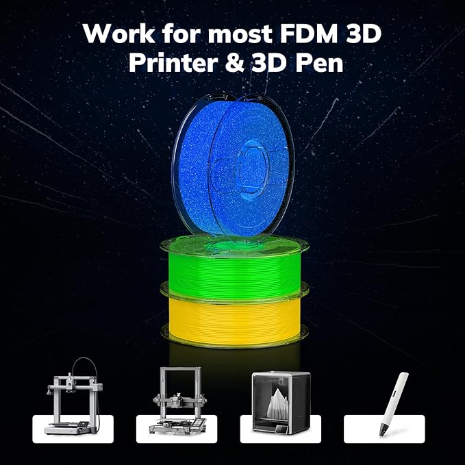 AMOLEN 3D PLA Glow in The Dark Filament 1.75mm, Glow Rainbow 10M Purple, Red, Orange, Blue, 3D Printing PLA Filament 1.75mm, Best with UV Lamps, 1KG Spool (2.2lbs), Dimensional Accuracy +/- 0.02 mm
