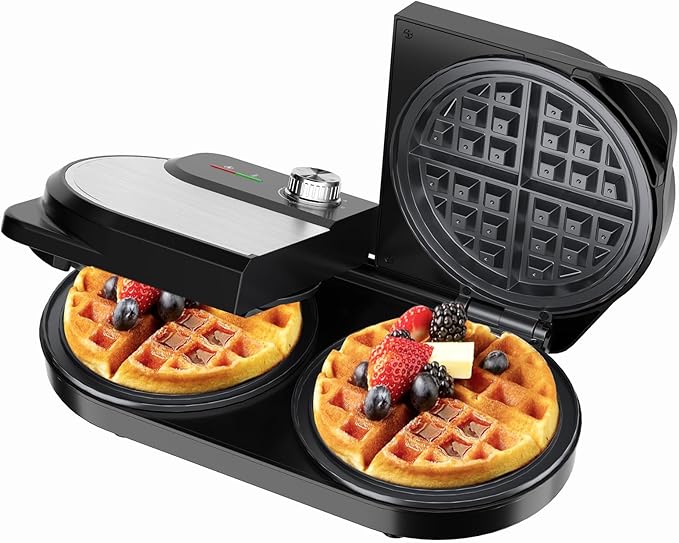 Double Waffle Maker 6 Inch, 1400W Belgian Waffle Maker for Breakfast and Snacks, Stainless Steel Waffle Iron with Nonstick Plates, Temperature Knob, Cool-Touch Handles