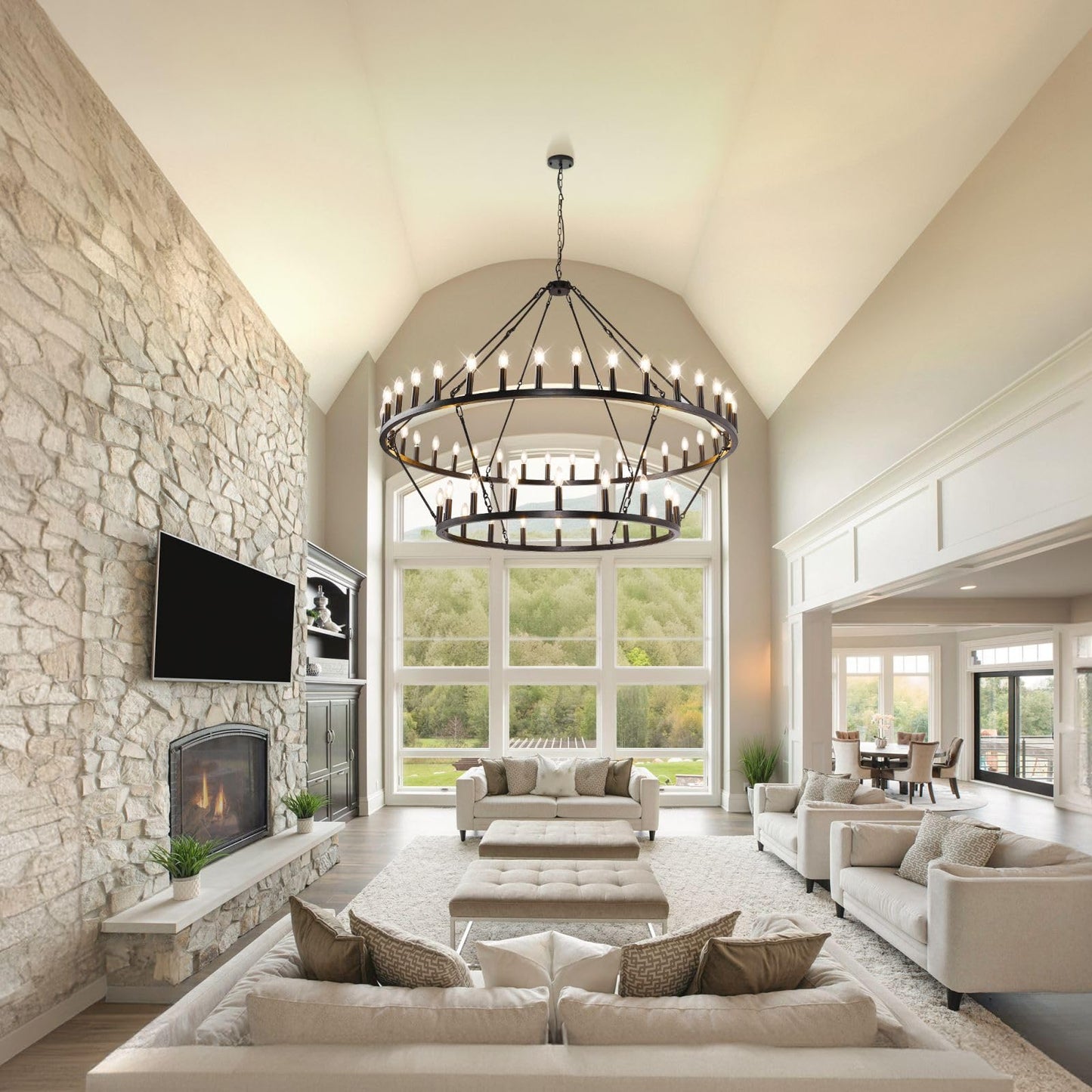 54-Lights 2 Tier Wagon Wheel Chandelier, 60" Large Chandeliers for High Ceilings, Round Black Chandeliers for Dining Room, Farmhouse Foyer Lighting Fixtures, for Living Room, Staircase, Entryway