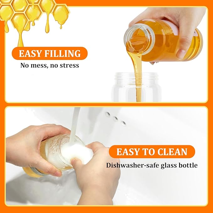 Aelga Glass Honey Dispenser Pot, No Drip 12 OZ Honey Jar with Handle, Syrup Dispenser for Coffee or Tea, Yellow