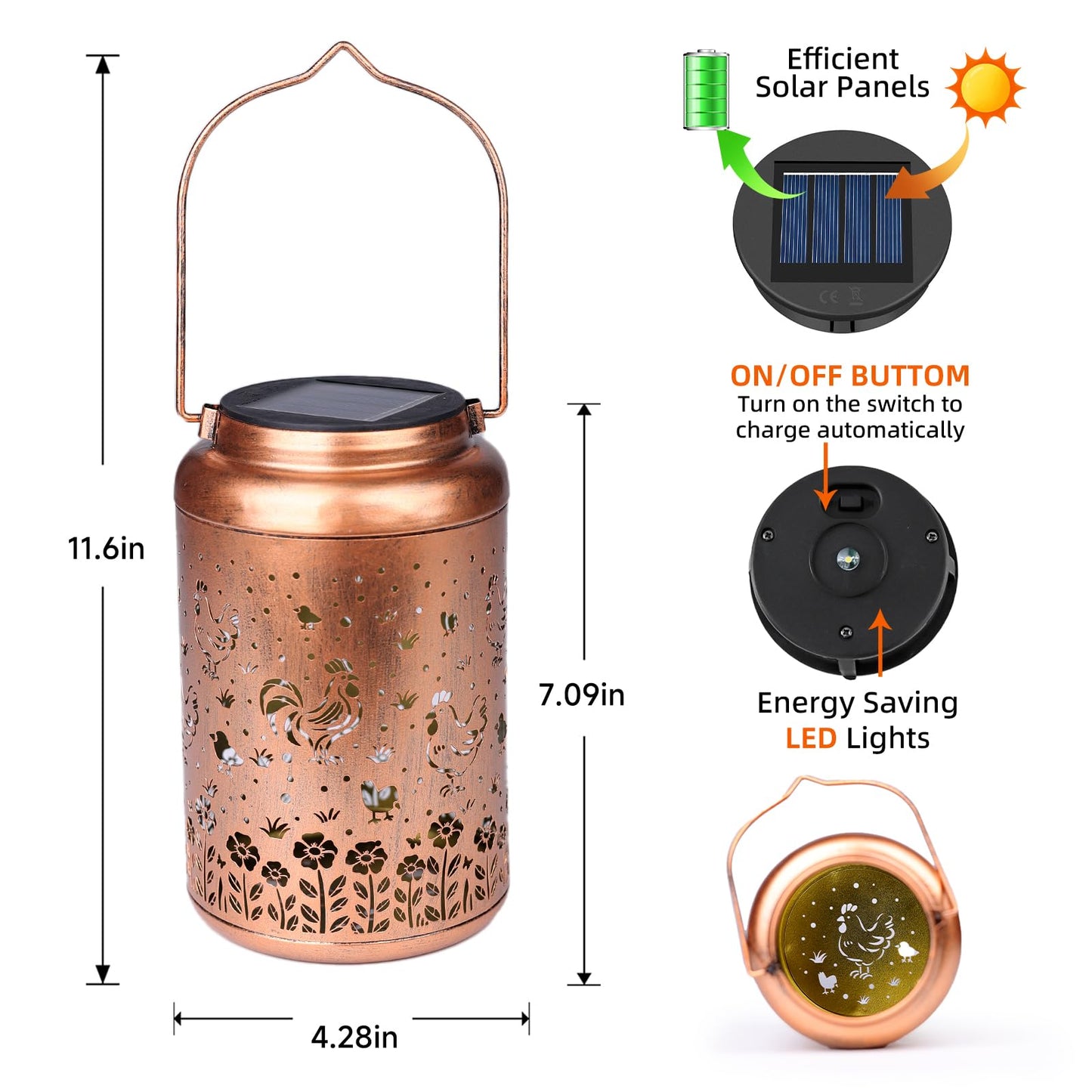 2Pack Chicken Solar Lanterns Outdoor Hanging Waterproof Solar Lights Gifts For Women Mom Grandma Outside Led Light Metal Lantern Decoration For Garden Decor  Porch  Lawn Yard  Patio Backyard