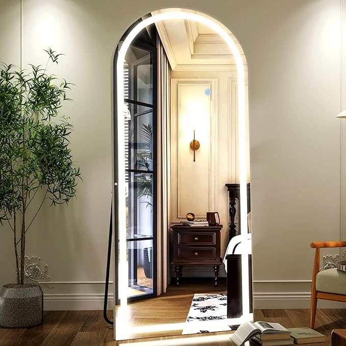 GLSLAND 26"x68" Arched LED Full Length Mirror with Lights Wall Mounted/Standing, Dimmable Floor Lighted Mirrors W/Anti-Fog, Touch Control for Bedroom, Dressing Room