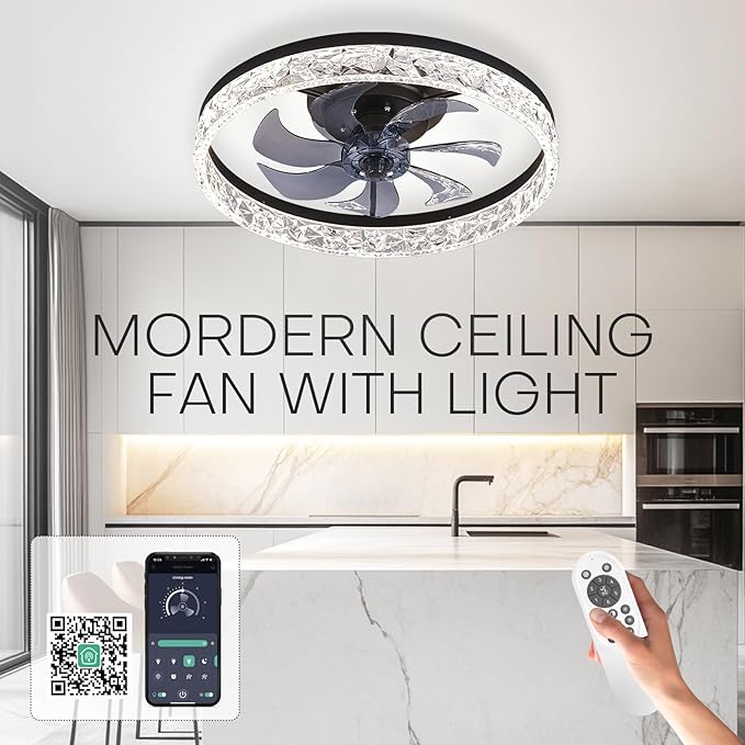 STERREN 19.7'' Crystal Ceiling Fan with Light, Modern Low Profile Ceiling Fans with Remote Control, Dimmable Flush Mount LED Fandelier for Living Room, Bedroom, Home Office, Kitchen, Black