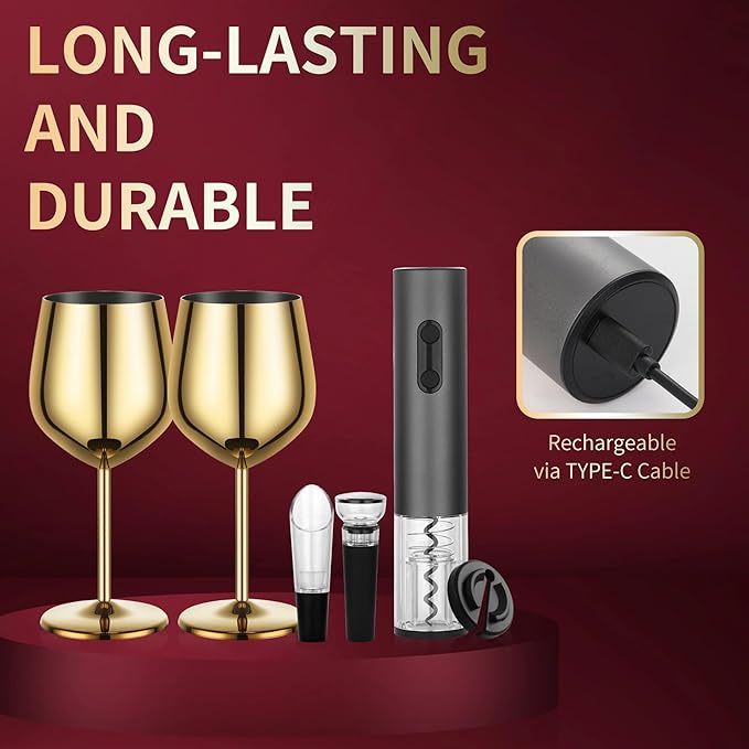 Wine Opener Electric Rechargeable, Automatic Corkscrew Set, Including Gold Wine Glass of 2, Stainless Steel Goblet, Ideal Gift for Wine Lover, Wedding, Birthday, Girl, Men