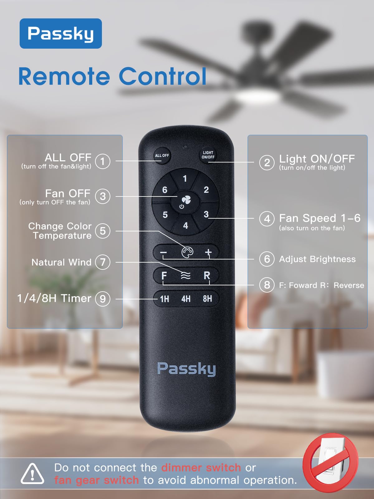 Passky Ceiling Fans With Lights, 52 Inch Ceiling Fan With Light And Remote Control, Reversible, Dimmable, 3Cct, Quiet, Black Mod
