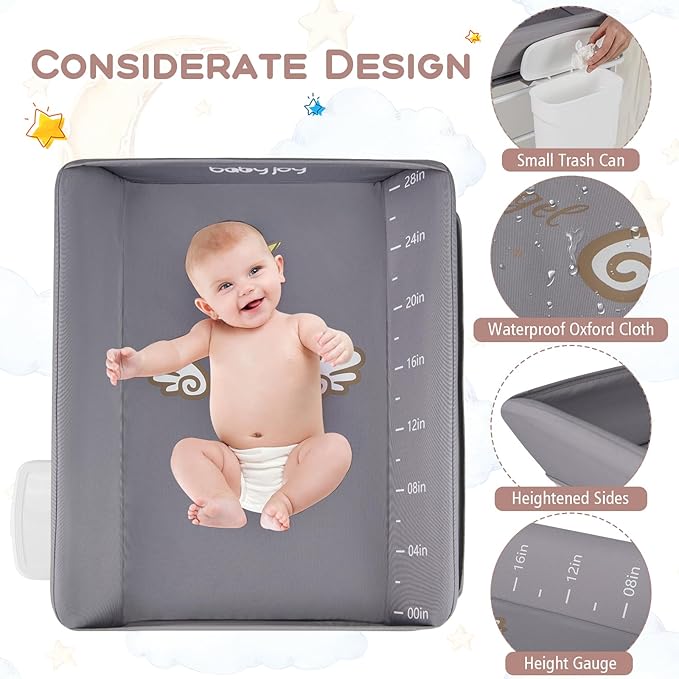 BABY JOY Portable Baby Changing Table, Foldable Diaper Changing Station with Wheels, Adjustable Height, Large Storage Rack, Trash Can, Mobile Nursery Organizer for Newborn Infant (Gray)