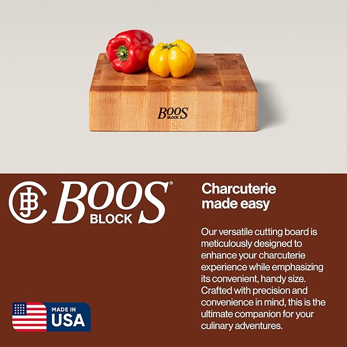 John Boos CCB Series Square Wooden Maple Cutting Board 12”x12” – 3” Thick, 13-lb Reversible Butcher Block with End-Grain & Finger Grips – Made in the USA
