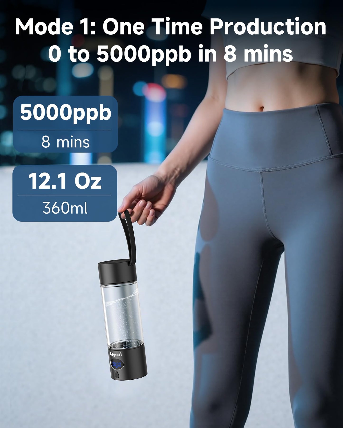 Hydrogen Water Bottle - 5000 PPB in 8 Minutes, Cyclic Mode for 8 Hours, Self Clean, Aluminum & Glass, 360ml Capacity, for Travel, Sports, Office, Home (Black)