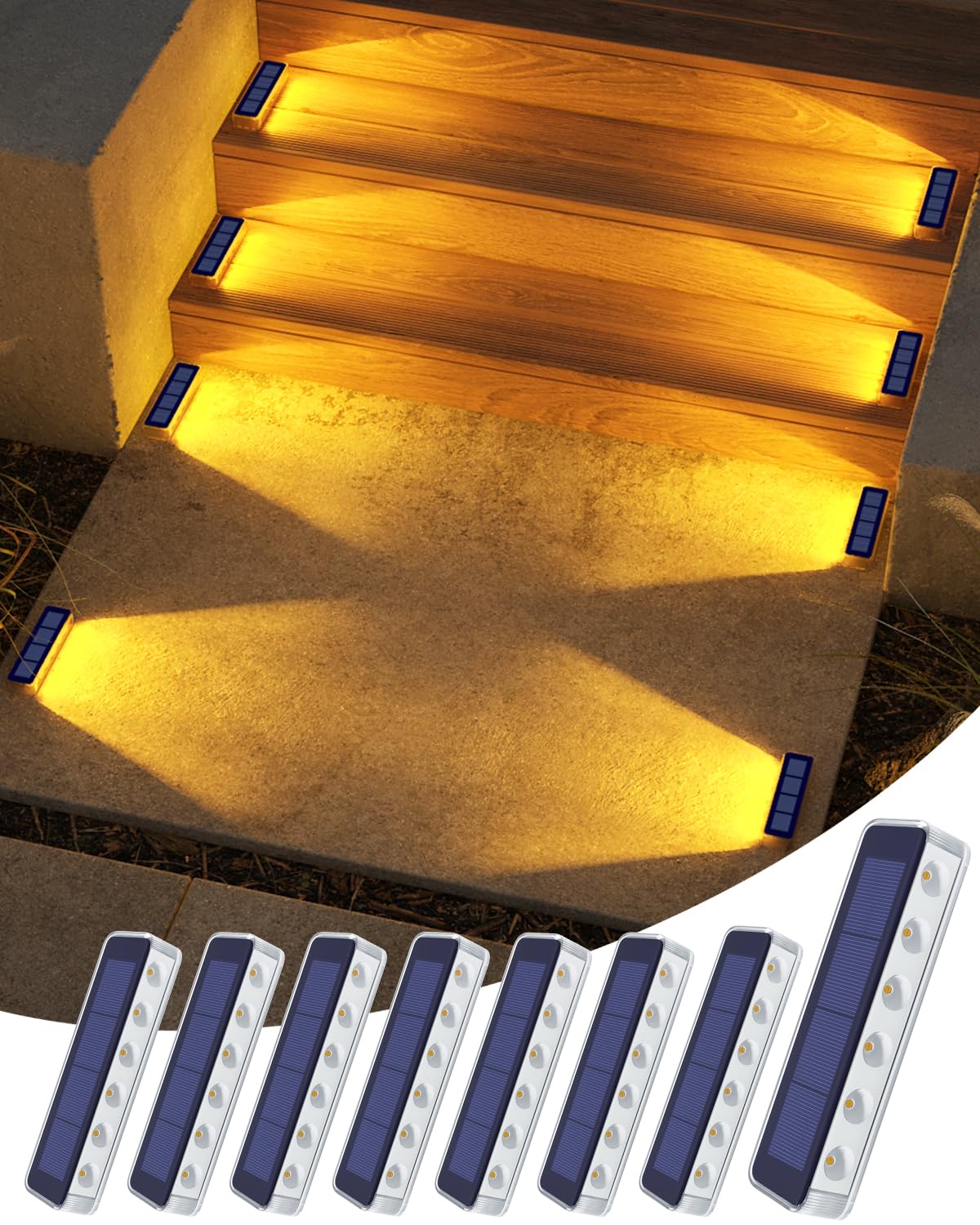 DetarZinLED Solar Step Lights for Outside,8 Pack Solar Stair Lights Outdoor Waterproof,Warm White Deck Light Solar Powered Waterproof for Steps,Stairs,Walkway,Sidewalk,Patio,Pathway