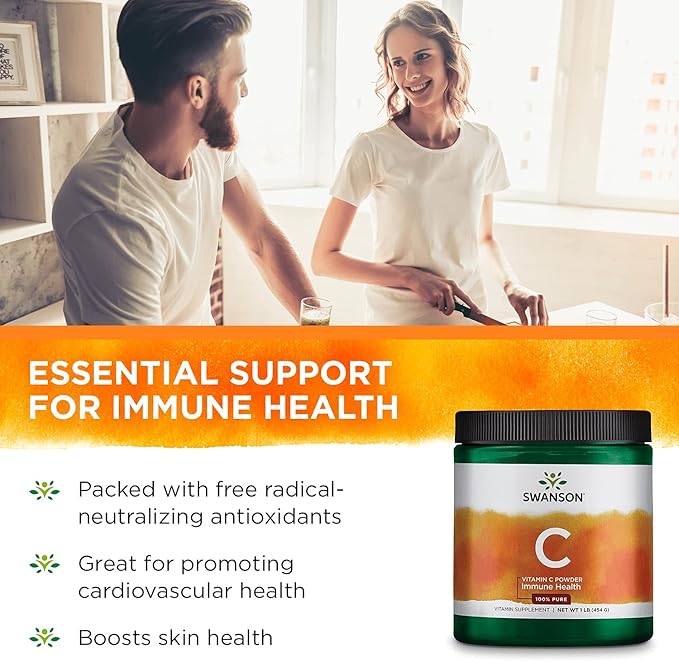 Swanson Vitamin C Powder 100% Pure Ascorbic Acid, Immune System Support, Skin Health, Cardiovascular Health, Antioxidant Supplement 1000 mg (per Serving) 1 lb. 454 g (3 Pack)